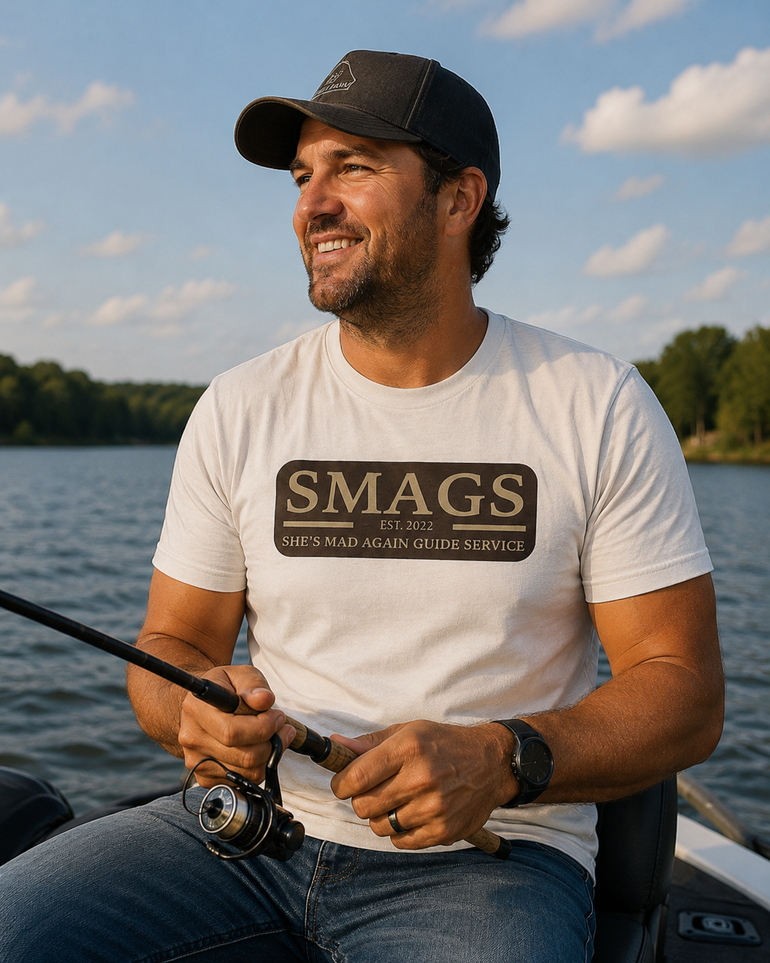 She's Mad Again "Guide Service" Tee — Hunting & Fishing Humor Crew Shirt